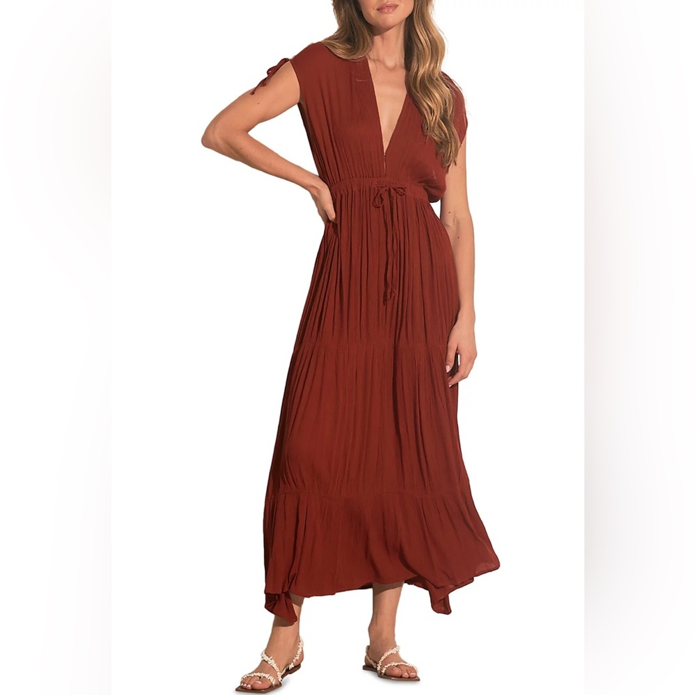 NWT Elan Maxi Dress Deep Neck Clay Deep Red Medium Original $86